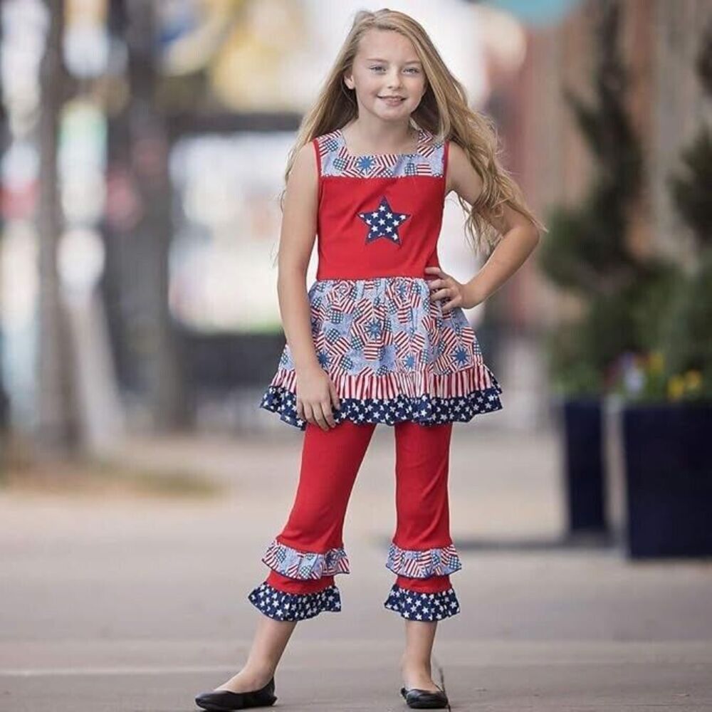 Ann Loren BNWT Girl's 4th Of July Stars‎ & Stripes Dress Set Size 4-5 - Picture 5 of 6